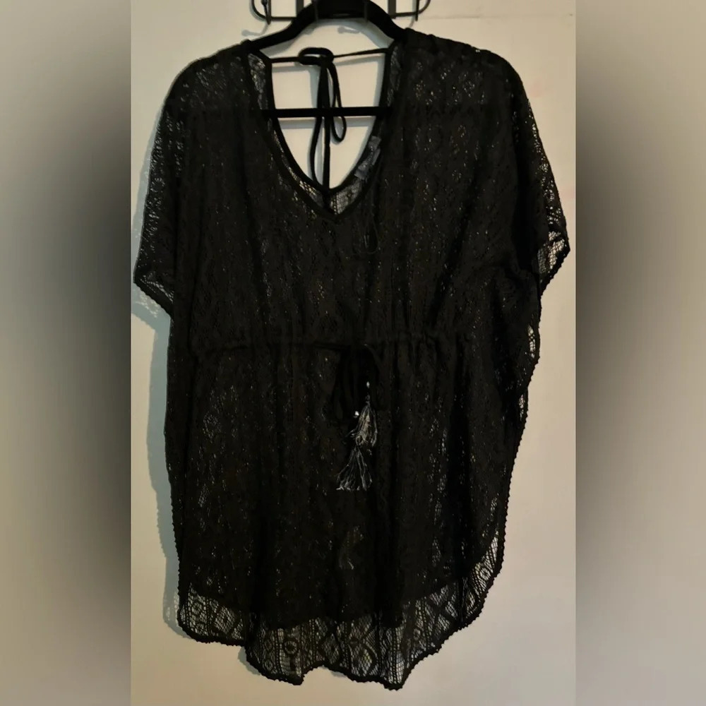 NWOT Primark Womens Sz Small Black Lace coverup with silver‎ details cinch waist